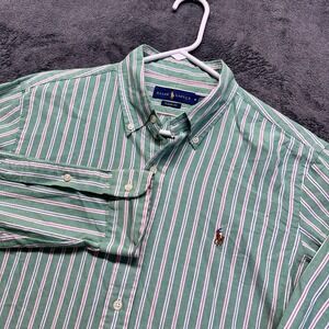 Ralph Lauren Button Down Shirt Mens Medium Green Striped Classic Fit Flesh Pony